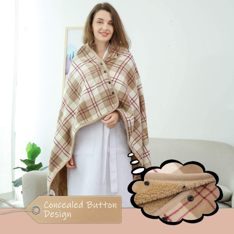XING YE CHUAN Fleece Wearable Blanket, Comfy Poncho Throw with Buttons, Plush Sleeveless Blankets, for Women Cape Wrap Cover for Lightweight Microfiber Plaid Design (Beige) - Image 2